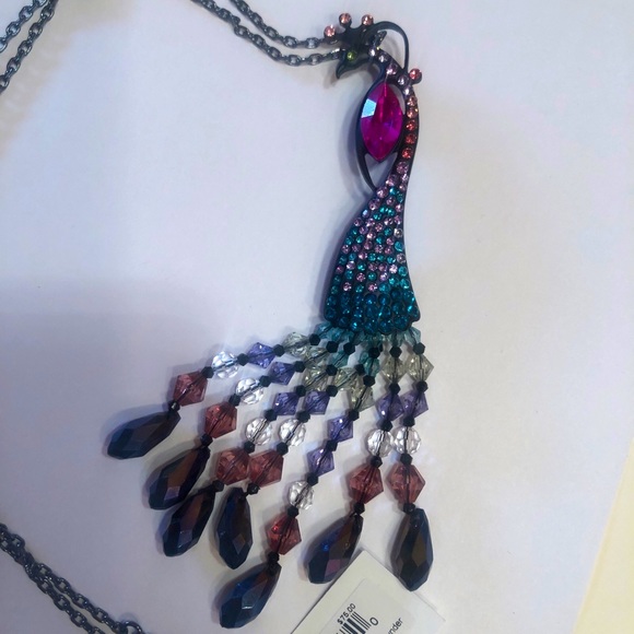 Betsey Johnson Hematite Tone Peacock Pendant Necklace Fringe & Crystal Accents - Picture 8 of 10